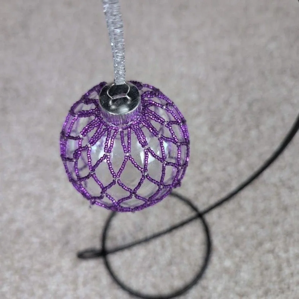 Purple Beaded Christmas Ornament with Silver Ribbon Plastic‎ Ball Holiday